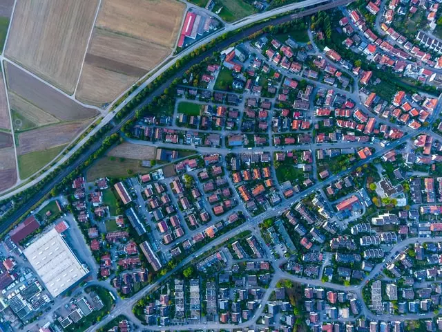 A shot of the district of similar houses for settlement in Canada taken from the sky